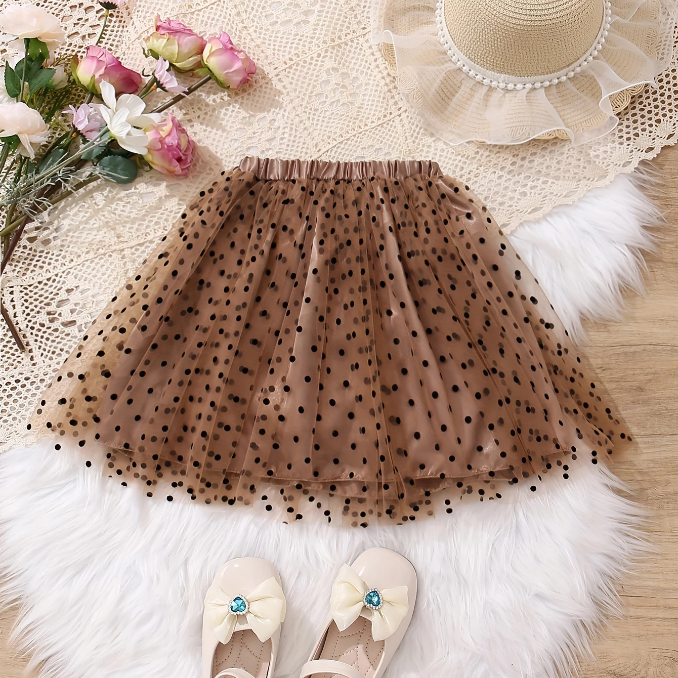 2024 New Girls Heart Skirts Printed High Waist Mesh Vintage Style Simple Long Skirts Children Casual Skirt