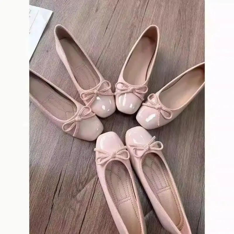 Zapatos Planos de Mujer Tipo Bailarina con Punta Cuadrada y Lazo, Estilo Charol Brillante, Calzado Casual para Oficina, Uso Diario y Vestir