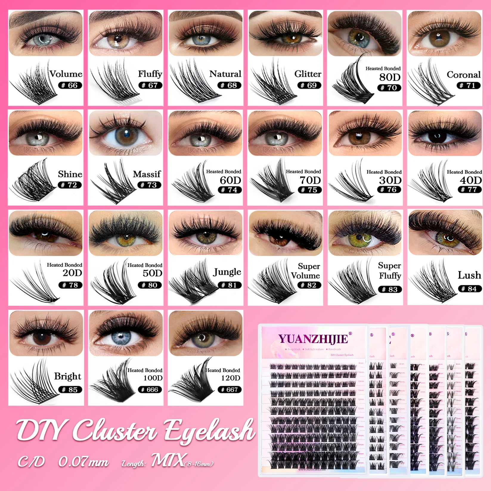 YUANZHIJIE-Individual Cluster Cílios, Natural Wispy Olhar Cílios, C e D Curling Lash Extensões Bandejas, Mixed Comprimento, 144PCs, DIY