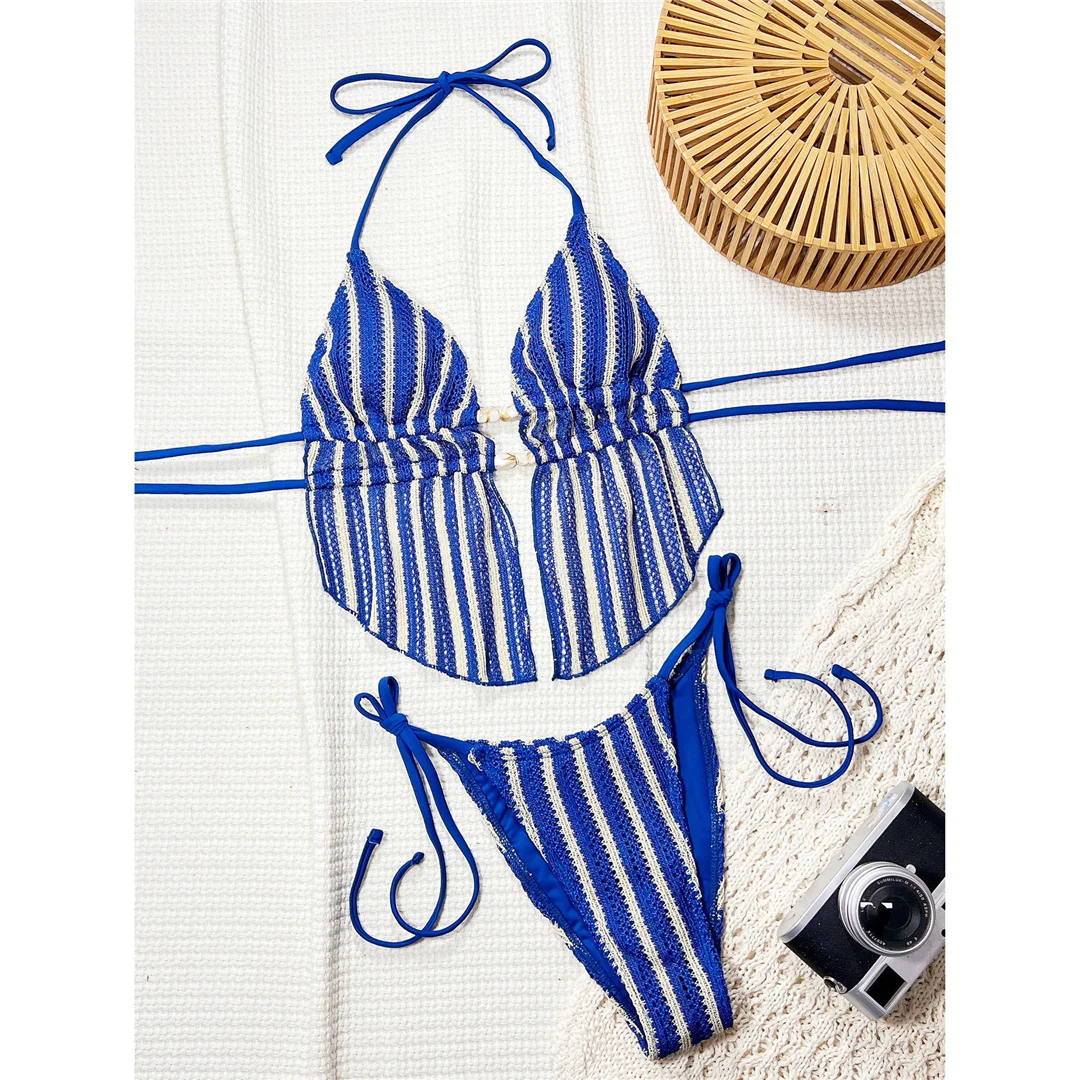 Gestreifter Tankini-Bikini mit Neckholder, Damen-Badeanzug, zweiteiliges Bikini-Set, Badeanzug mit hohem Beinausschnitt, Badebekleidung, Modell V8154. – Detail 4
