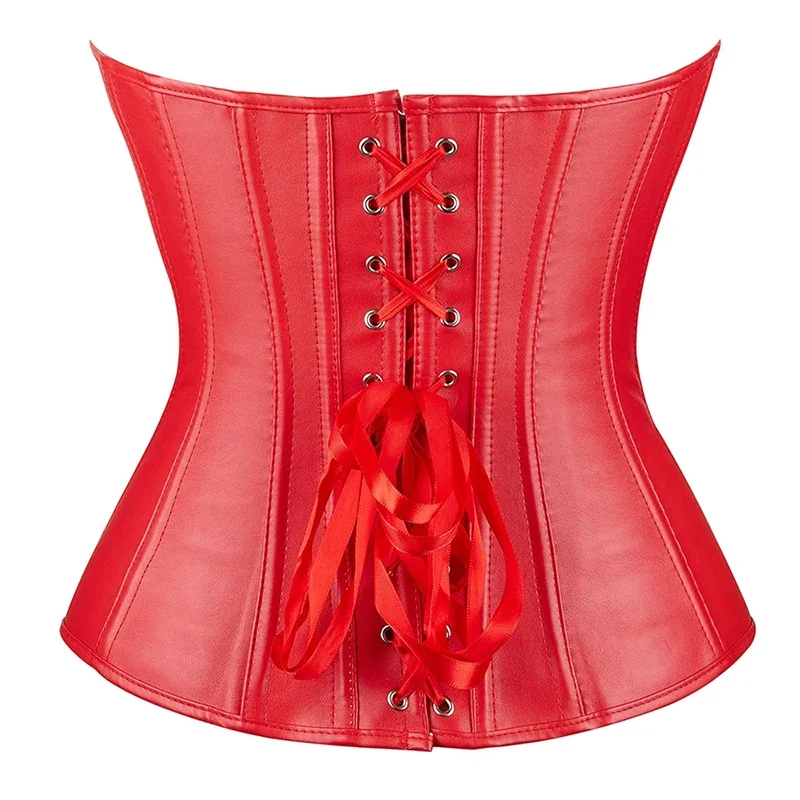 Faux Leather Corset Sexy Clubwear Bustier Hot Lingerie Zipper Overbust Corset Lace up Waist Cincher Top Plus Size Black Red