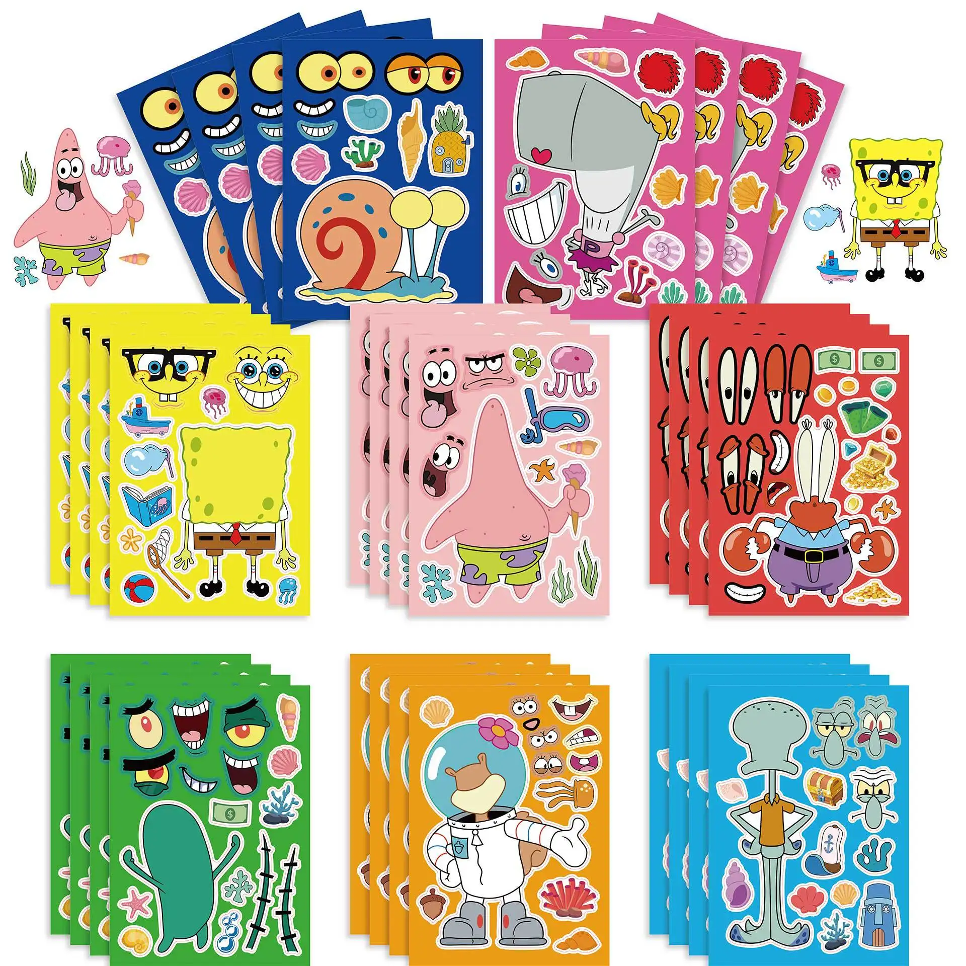 8/16PCS Spongebob Stickers Kawaii DIY Cartoon Figure Sticker Cute Make A Face Puzzle Sticker Children Birthday Gifts Kids Toys