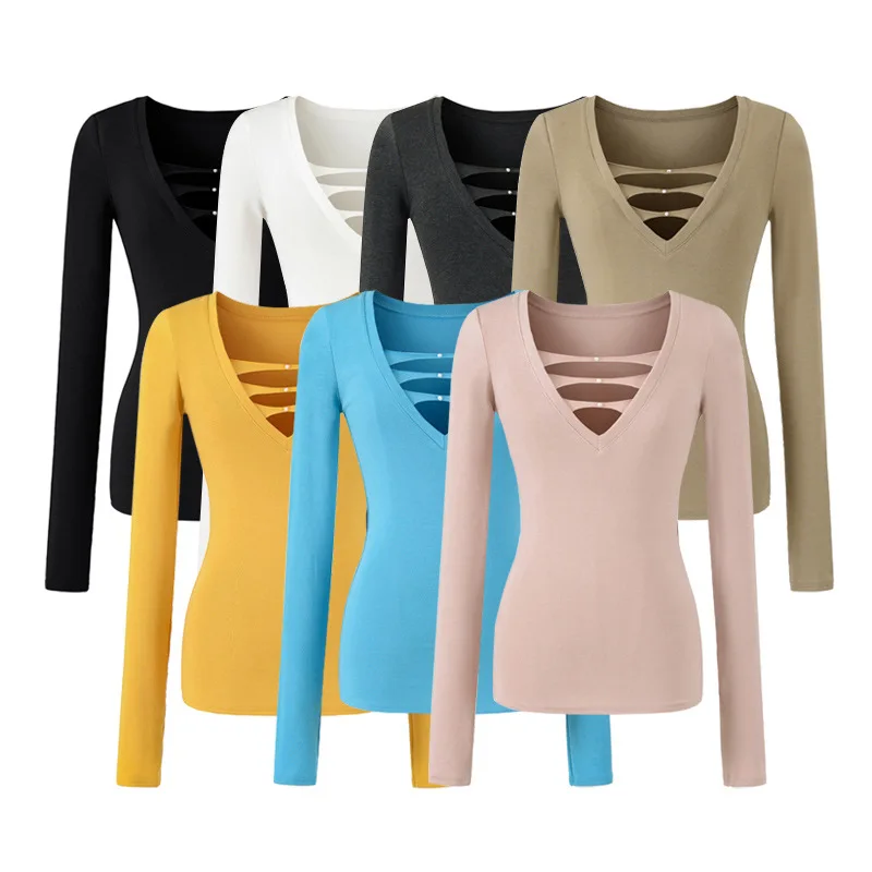 Mature Style Deep V-Neck Hollow Long Sleeve T-Shirt 2025 Autumn Winter New Regular Shoulder Slim Fit Short Base Shirt Charm AAH5