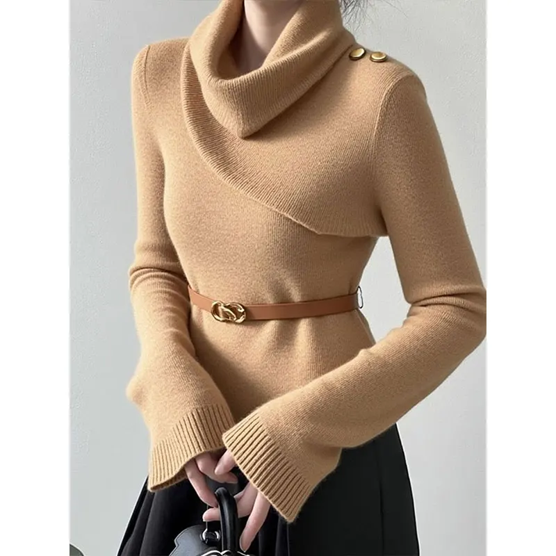 

Korean Turtleneck Khaki Long-sleeve Pullover Elegant Asymmetrical Folded Knit Sweater Luxury Niche Office Ladies' Trendy Outfit