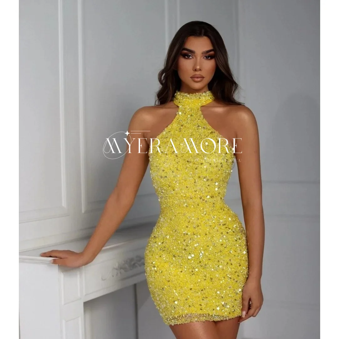 

Customized Sequin Halter Neck Prom Dresses 2025 Corset Yellow Beaded Sparkly Mini Short Cocktail Party Dress Tight Evening Gown