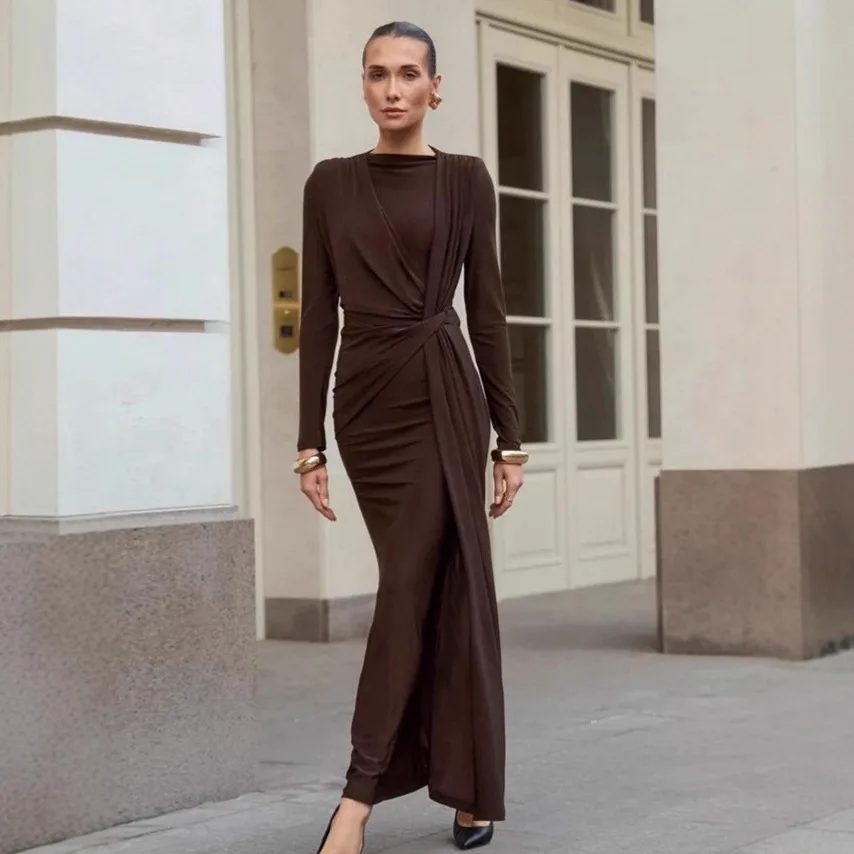 

Элегантное вечернее длинное платье для женщин с длинным рукавом, круглым вырезом, завышенной талией, драпировкой, стройнящее, модное, осеннее, во французском стиле, 2026