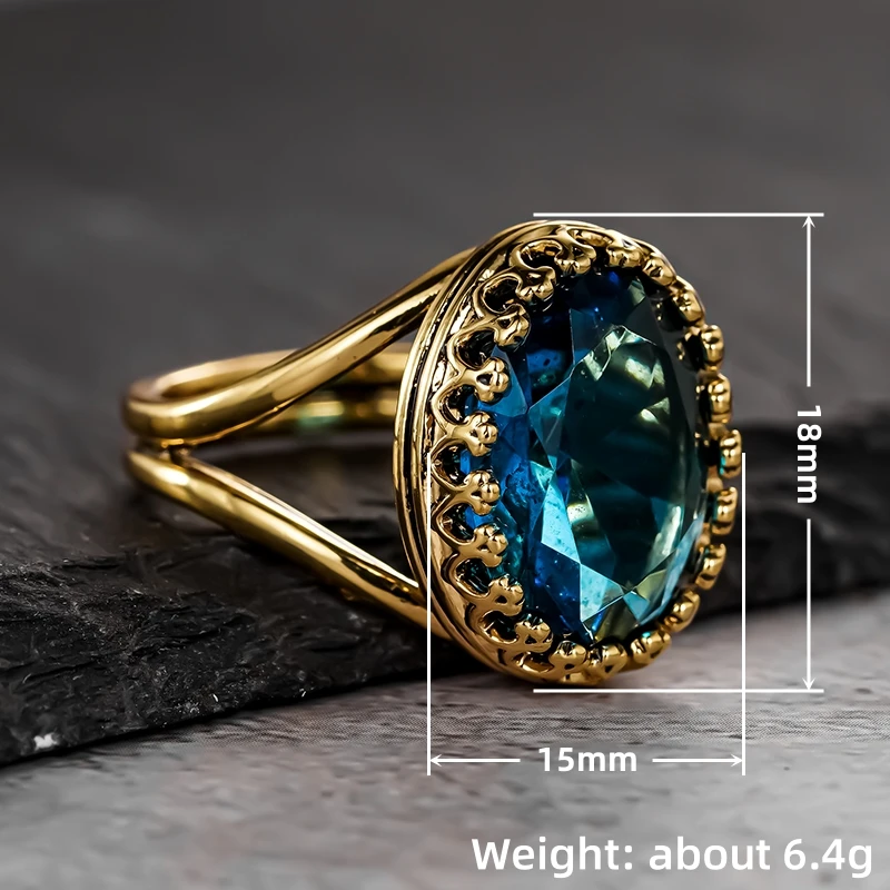 Huitan خمر خواتم الذهب اللون الفاخرة مع كبير الأزرق البيضاوي مكعب زركونيا للنساء حفل زفاف خطوبة اكسسوارات النبيلة
