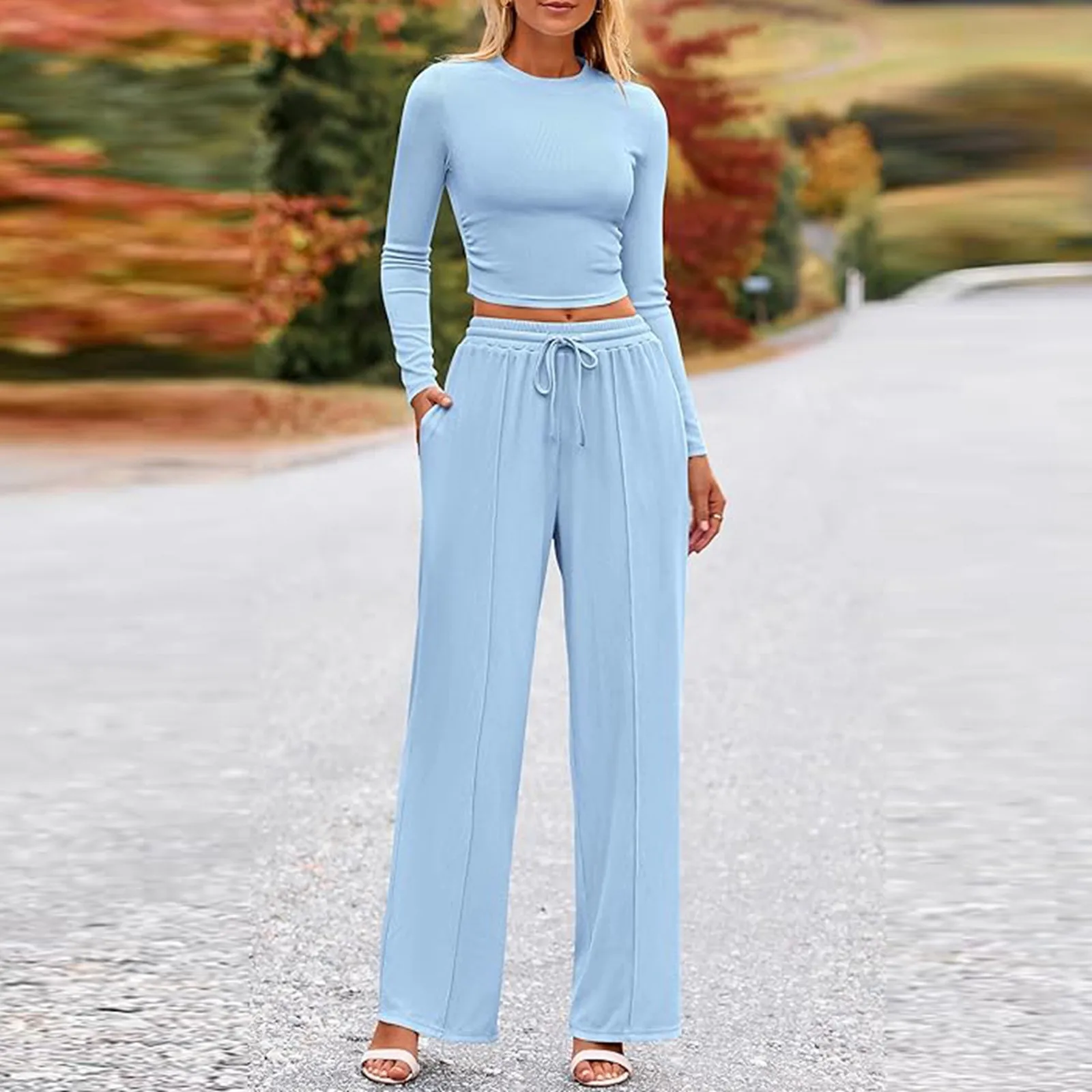 New Autumn Casual Women Suit Slim Fit Long Sleeved Top Wide Leg Trousers Set With Drawstring Waist Homewear Commuter Outfit