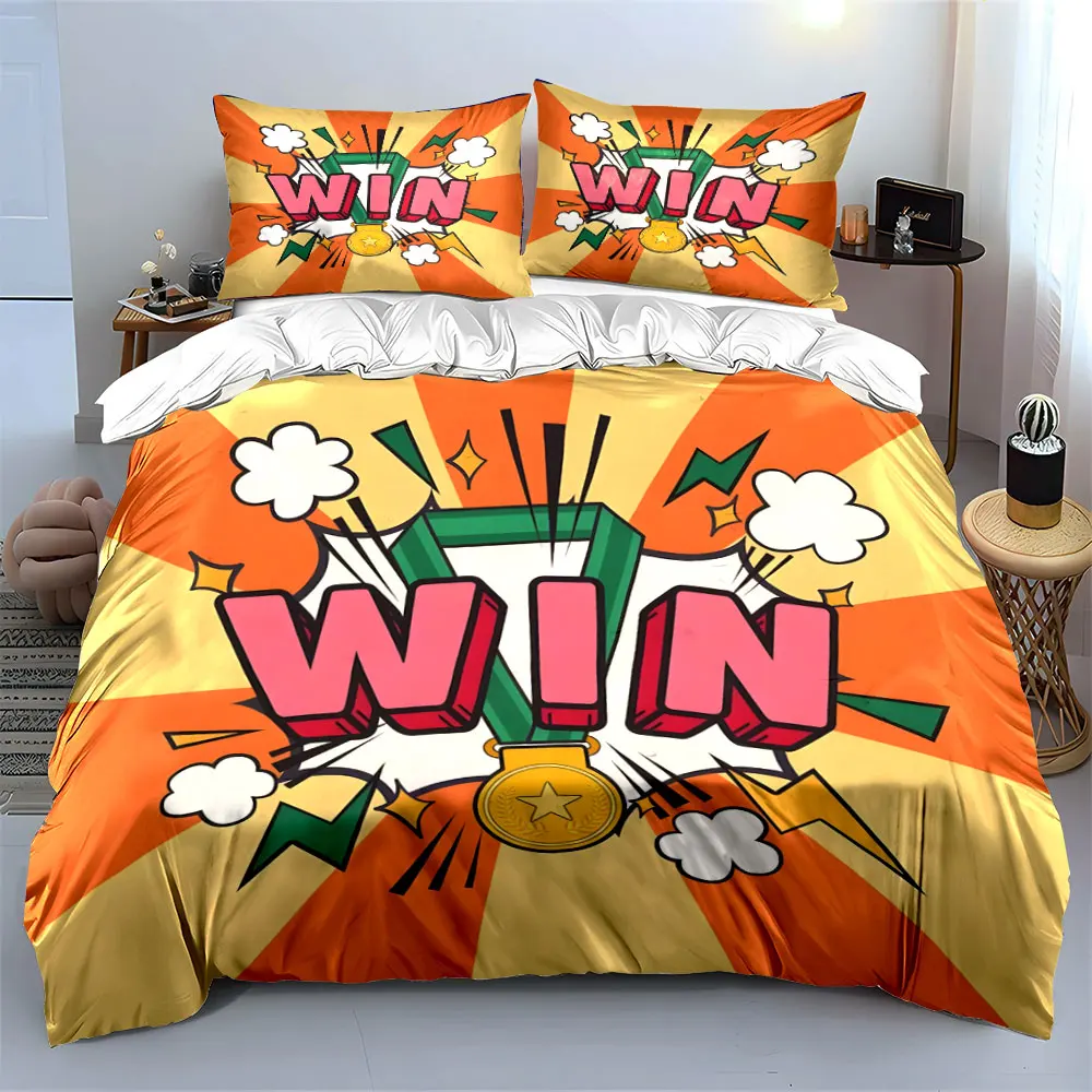 Pop Art WIN Gold Medal Champion Bedding Set,Burst Comic Football Winner Print Teen Boys Duvet Cover 1 Duvet Cover 2 Pillowcase