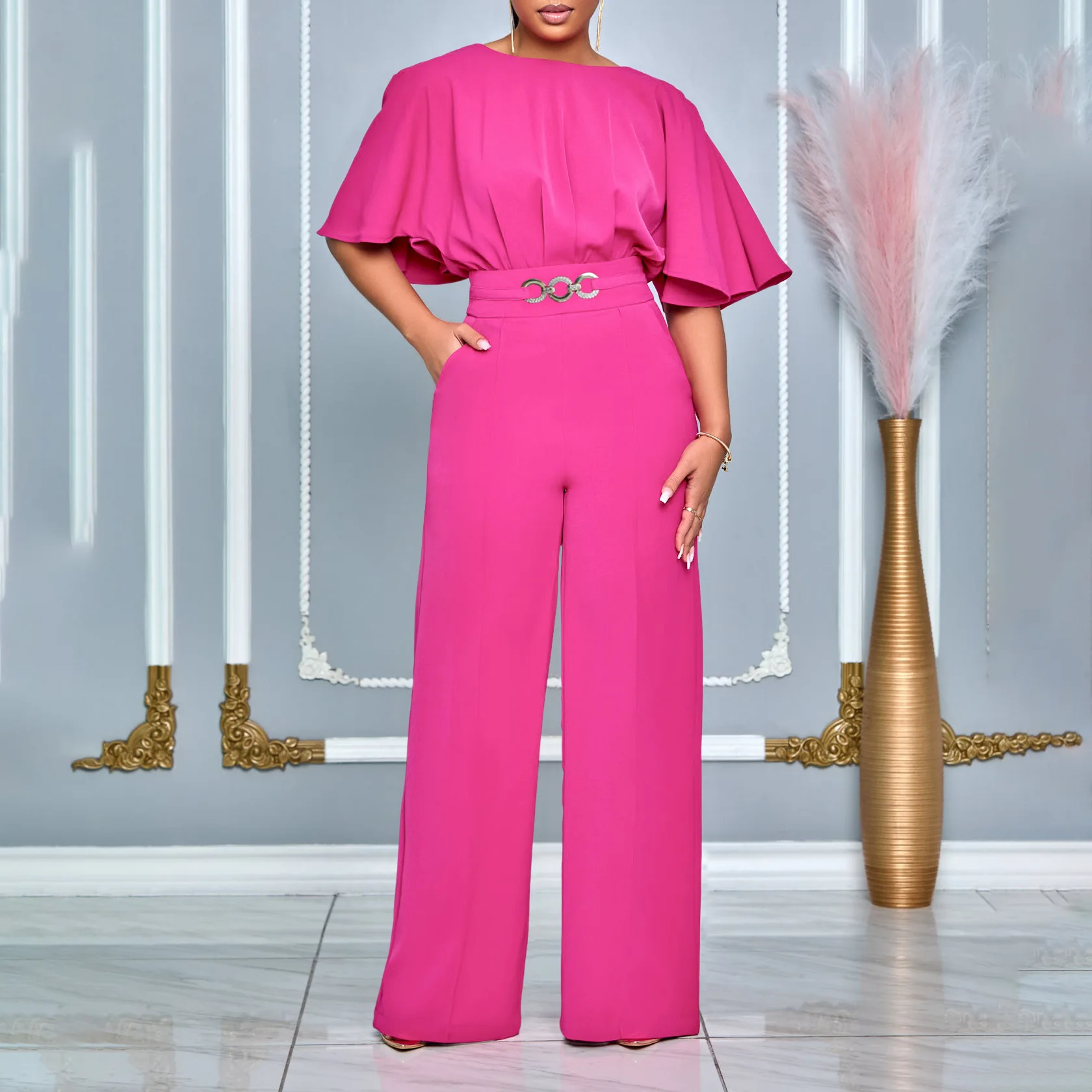 D3276 Women's Summer Fashion Round Neck Solid Color High Waist Plus Size Wide Leg Jumpsuit Evening Dresses Vestidos Bandage Maxi
