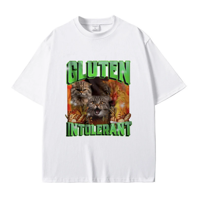 الغلوتين في متسامح القط مضحك ميمي تي شيرت مطبوع الذكور أزياء الشارع الشهير الرجال النساء عارضة مريحة القطن الخالص قصيرة الأكمام #2