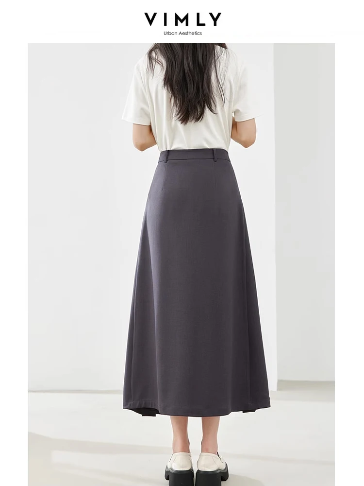 Vimly Grey A-line Umbrella Casual Midi Skirt Elegant Pleated Skirts for Office Ladies 2024 Spring Fashion Woman Clothing M3979