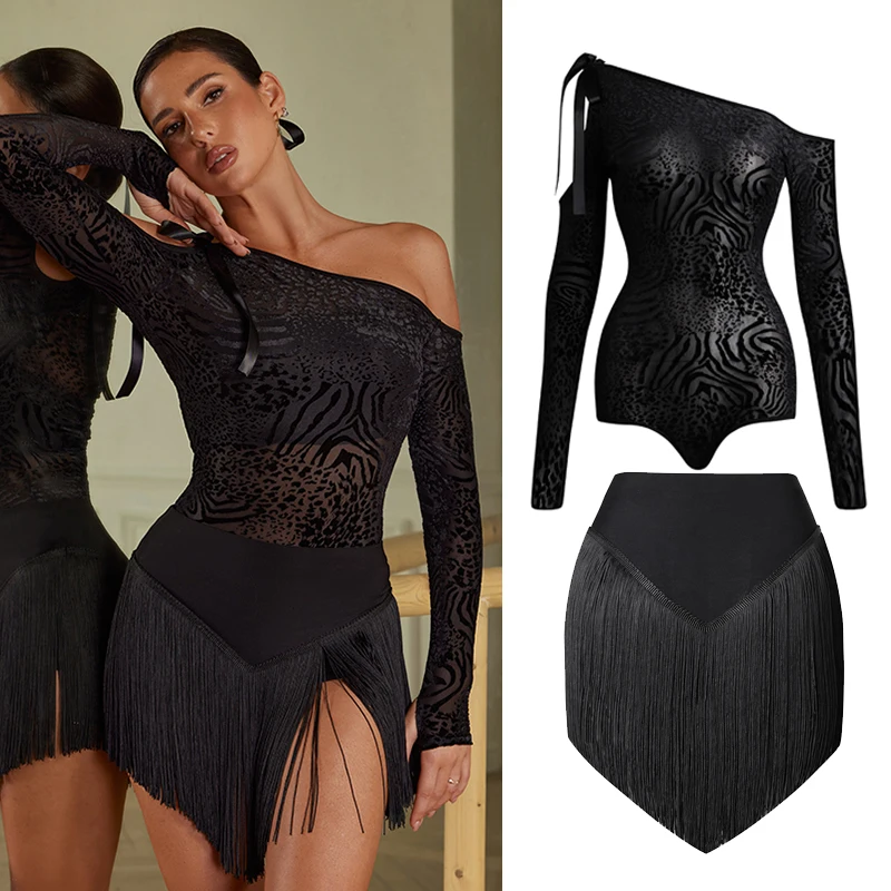 Latin Dance Clothes Women Oblique Shoulder Tops Black Fringe Skirt Long Sleeves Practice Wear Rumba Samba Dance Dress DNV18950