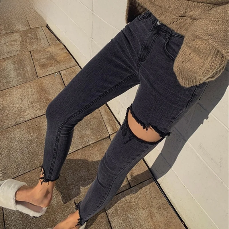 

Deep ey High Waist Stretchy Slim Fit Denim Jeans Women's Sle Tear Nine Points Pants Personali Casual High Waist Jeans