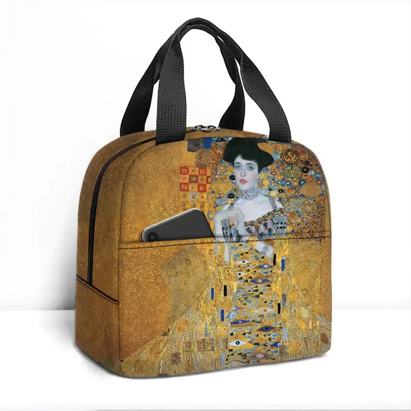 Famous Oil Painting Kiss By Gustav Klimt Print Lunch Bag Women Van Gogh Starry Night Food Container Portable Picnic Lunch Box