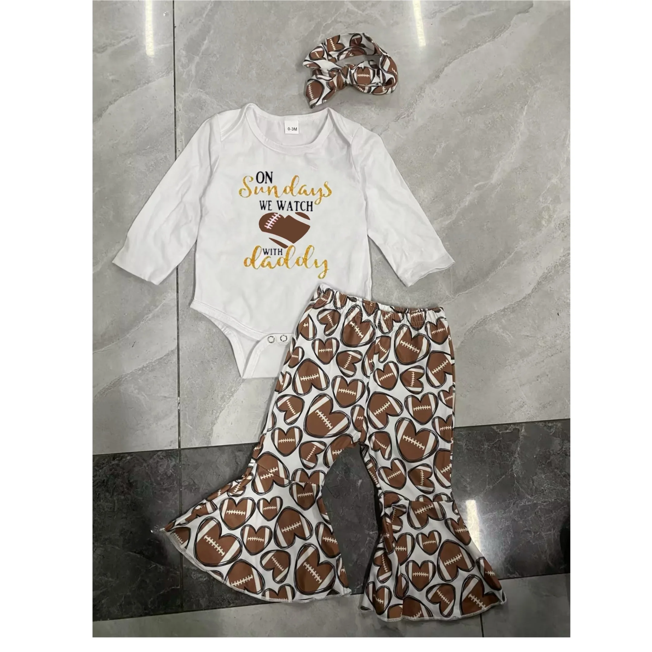 

Newborn Baby Girl Football Outfit Long Sleeve Romper Football Flared Pants Headband Fall Outfits 0-18M