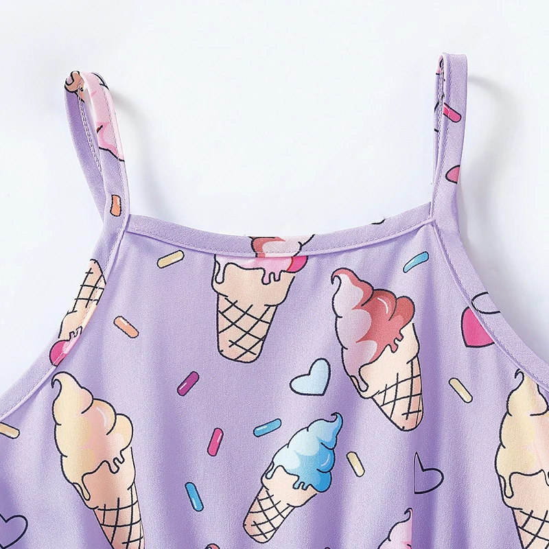 Purple Ice Cream Pattern Girls Sleeveless Elegant Polyester Dress with Belt and Hat Perfect for Vacation