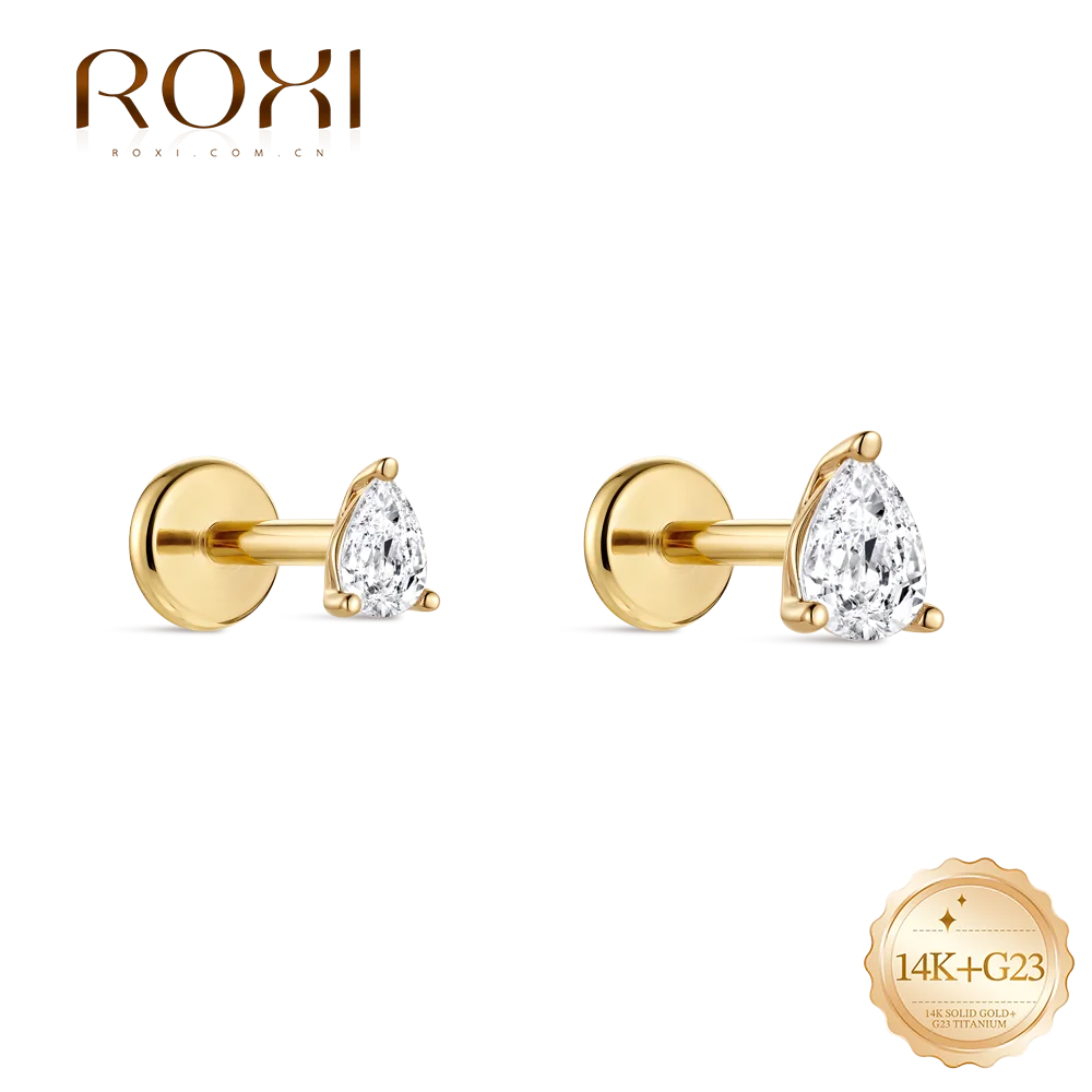 ROXI 1PC 14K Solid Gold Mini Large Pear CZ Flat Back Cartilage Piercing Earring 5/6/8mm Classic Solitaire Ear Jewelry For Women