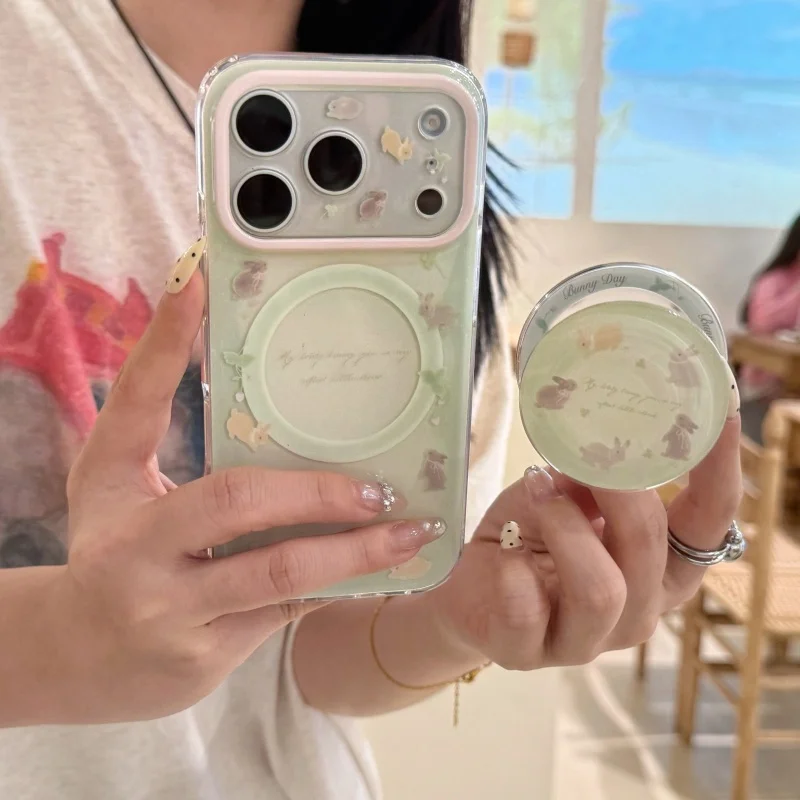 

Fashion Mint Green Cute Flower Rabbit Magnetic Phone Case For iPhone 17 Pro 16 15 14 Pro Max Cover with Stand Cases For Magsafe