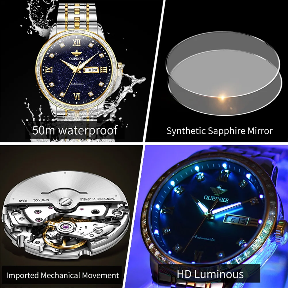 OUPINKE 3258 Men Watch Luxury Fashion Night Light Starry Sky Watch Brand Men Sapphire Mirror Original Automatic Mechanical Watch