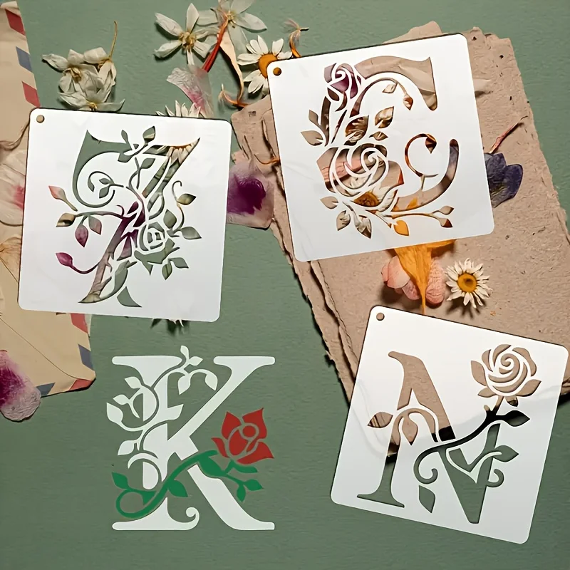 36pcs Floral Alphabet Stencils Reusable Rose Letter Painting Templates Hollow Graffiti Template Spray Mold for Wall Decals