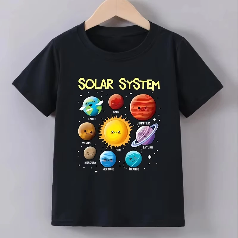 Teenage Solar System Colorful Printed T-shirt Boys Girls Summer Casual Fashion Round Neck Short Sleeve Tops Children Clothing