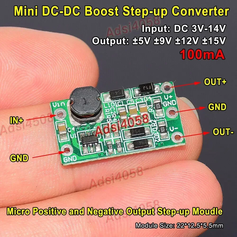

DC-DC Boost Step-Up Positive Voltage Negative Voltage Module 3V-14V To 5V 9V 12V 15V100mA To Positive And Negative Power Supply