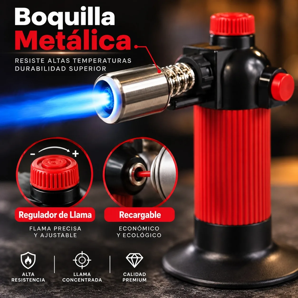 Torcia da cucina professionale ricaricabile con fiamma regolabile, ideale per la cottura al forno e per il barbecue, bruciatore a gas butano con ugello in metallo e base antiscivolo, colore rosso e
