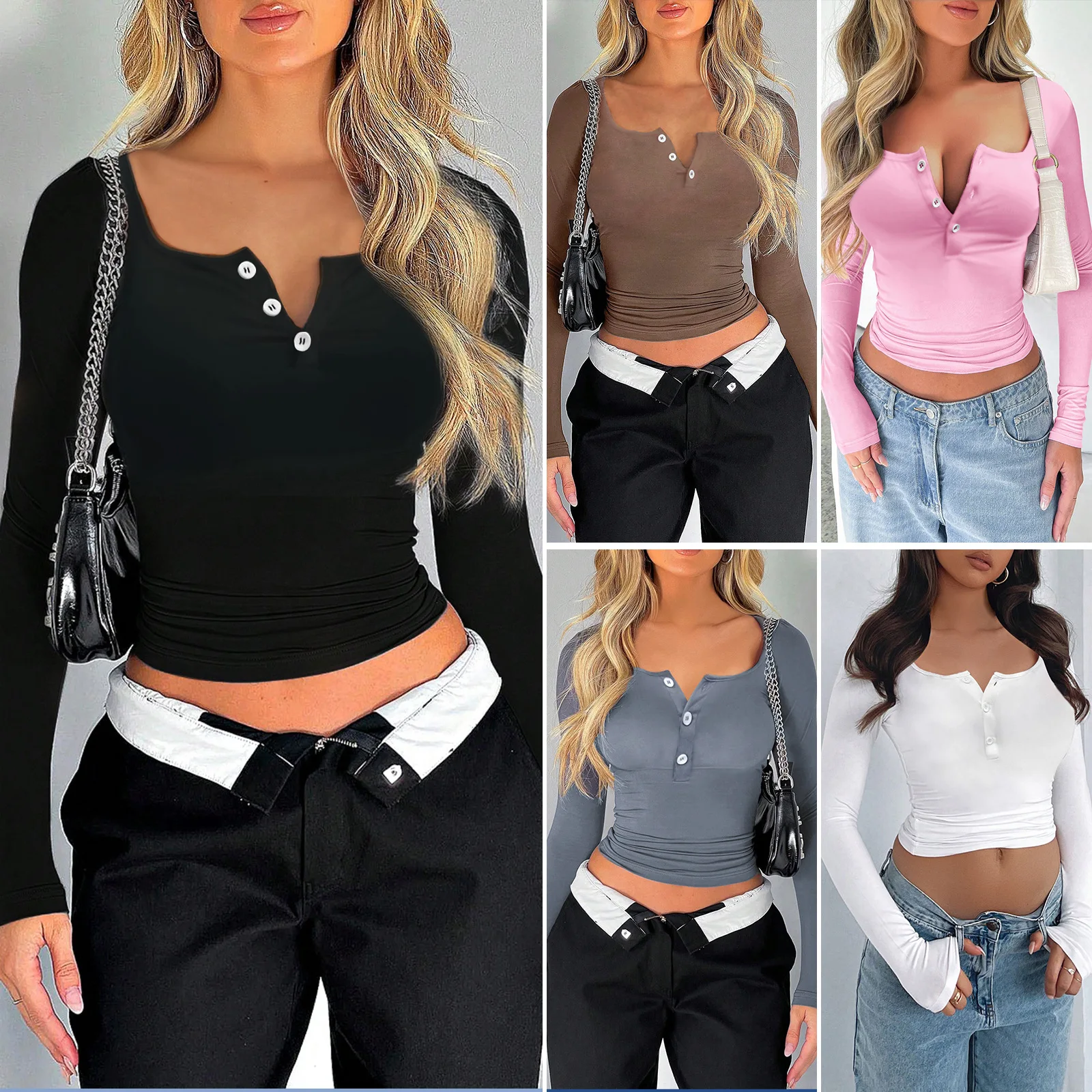 

Women's Top 2025 Spring And Summer Y2K Casual Solid Color Slim-fit V-neck Long-sleeved T-shirt