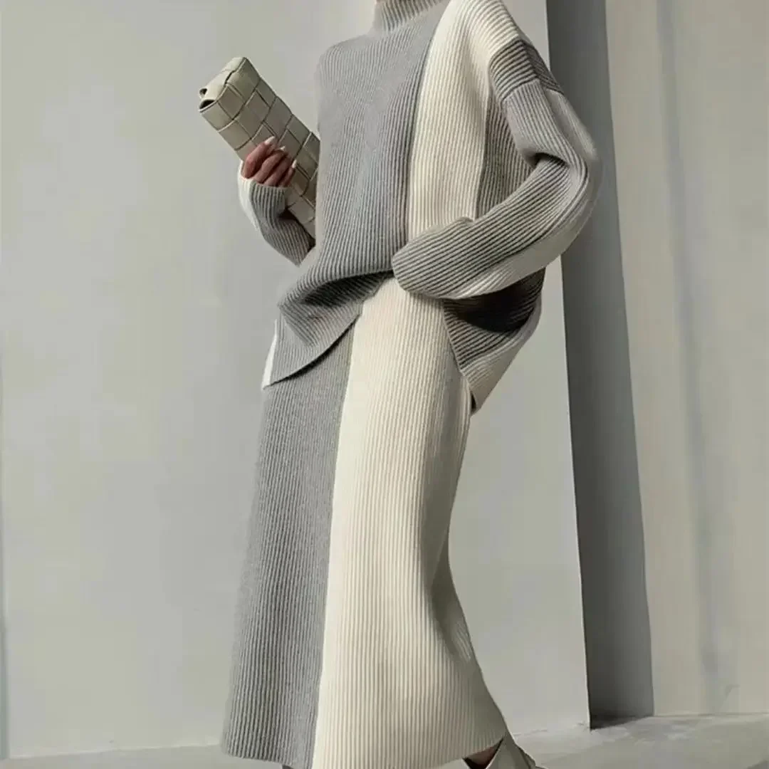 Black and White Color Contrast Two-Piece Set for Women in Autumn and Winter 2025, with A Lazy Style High Neck Knitted Sweater An
