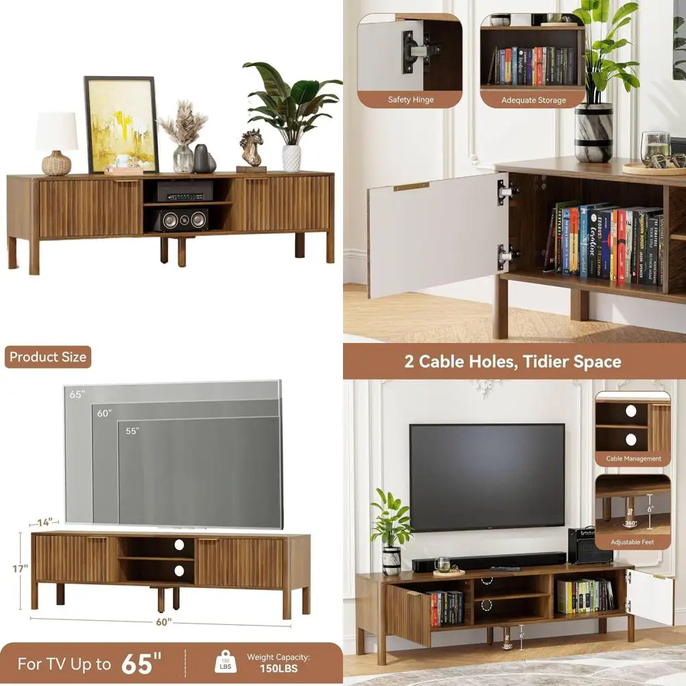 

Тумба под телевизор в стиле середины века из орехового дерева с рифлеными дверцами и регулируемыми полками для гостиной и спальни