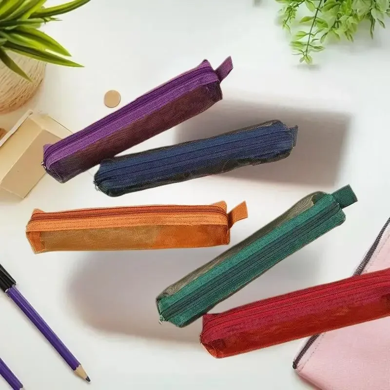 

5Pcs Retro Solid Hue Mesh Pencil Case Compact Stationery Holder School Supplies for Scholars