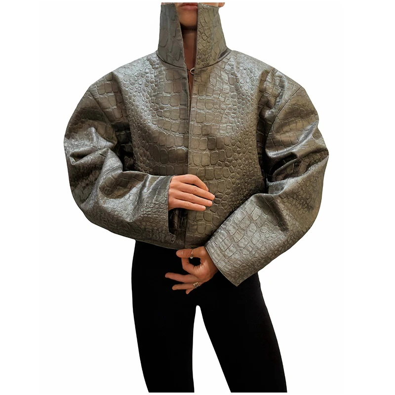 Crocodile Embossed Faux Leather Long Jackets Chic Wide Lapel Belted Waist Quarter Sleeve Loose Coat Women Street Chic Outfits