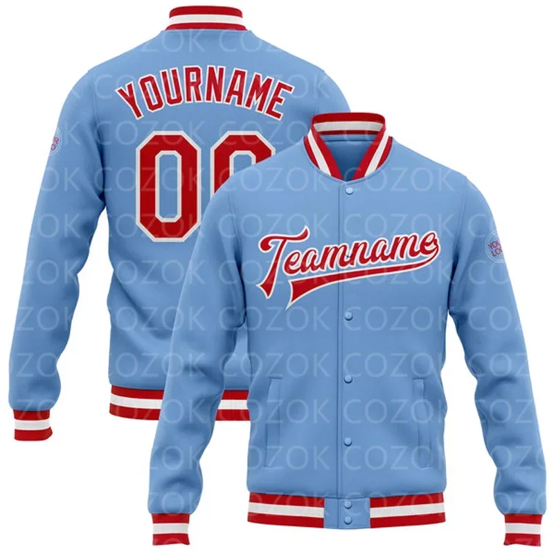 Custom Blue Red Light 3D Printed Baseball Button Jacket Bomber Full-Snap Varsity Letterman Jacket