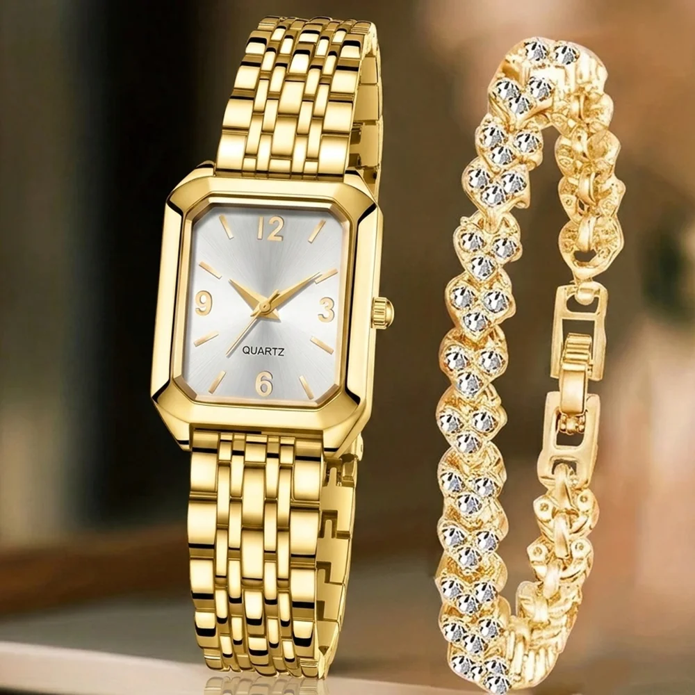 2Pcs/Set Unisex Jewelry Watches Women's Wristwatch Accessories Gold Trendy Fashionable Elegant Classic Exquisite Light Luxury Minimalist Style Luxury Bracelet Watch Set Y2K Suitable for Daily Outfits Travel Perfect Holiday Gift
