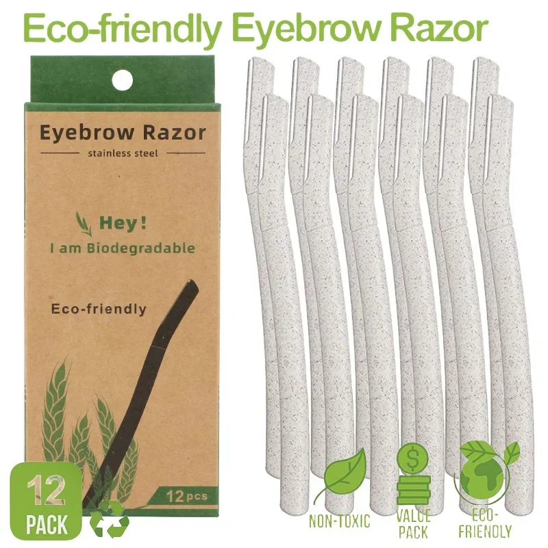 12 unids/caja de afeitar para cejas de cara de paja de trigo para mujeres, maquinilla de afeitar para dermaplano Facial, herramienta de de dermaplaning biodegradable con cubierta de precisión