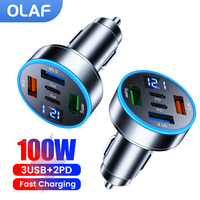 100W USB Car Charger Type C Fast Charging Car Phone Charger Adapter For iPhone Samsung Xiaomi Digital display PD Car Charger