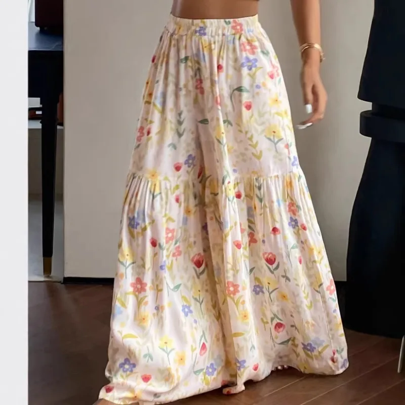 

2026 Summer Fairy Floral Female High Waist Loose Baggy Wide Leg Skirt Pants Comfortable Mori Kei Vintage Pants Casual Hoiday