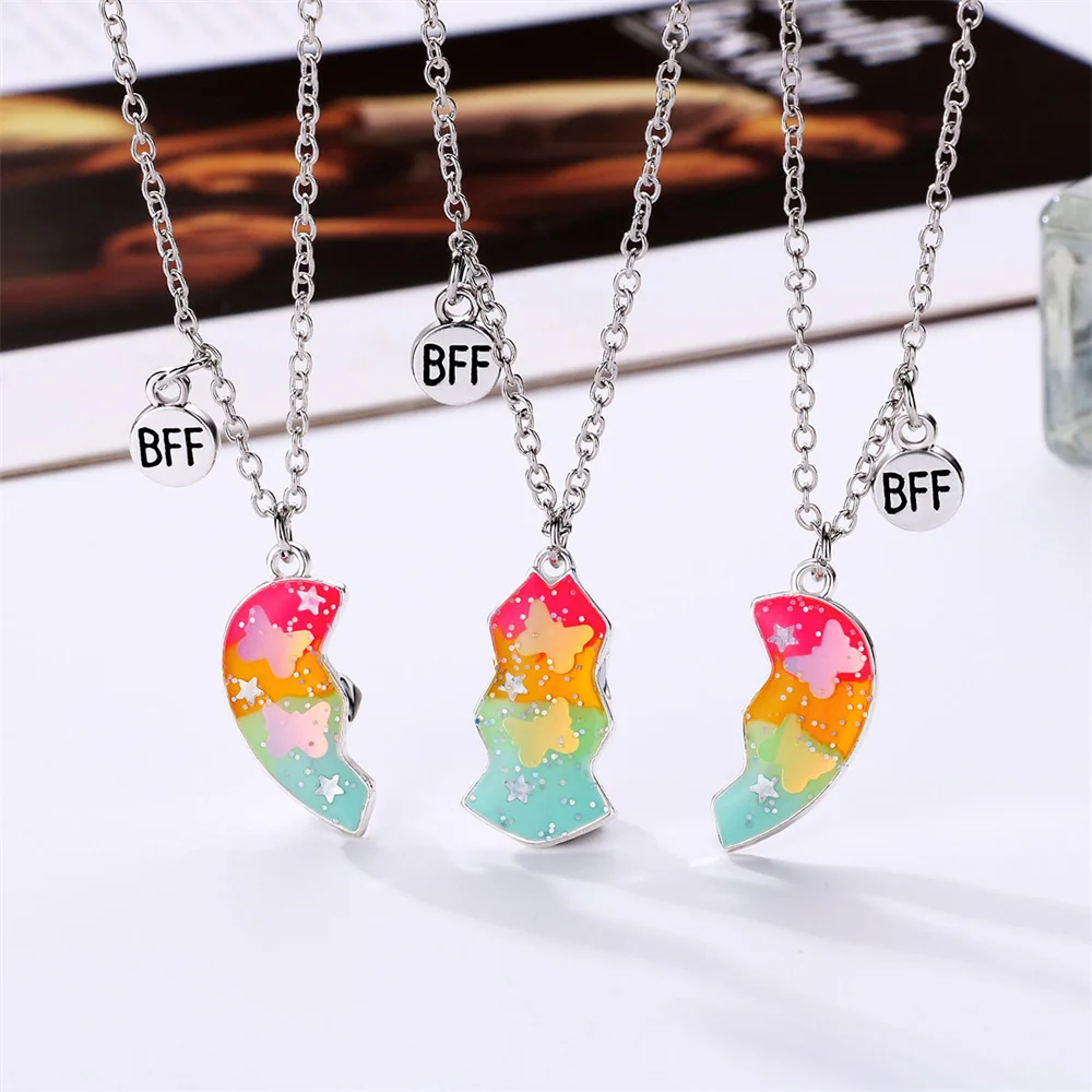 3Pcs Cute Butterfly Heart Magnet Necklace for Women Korean Fashion Broken Heart Clavicle Chain BFF Best Friends Jewelry Gifts