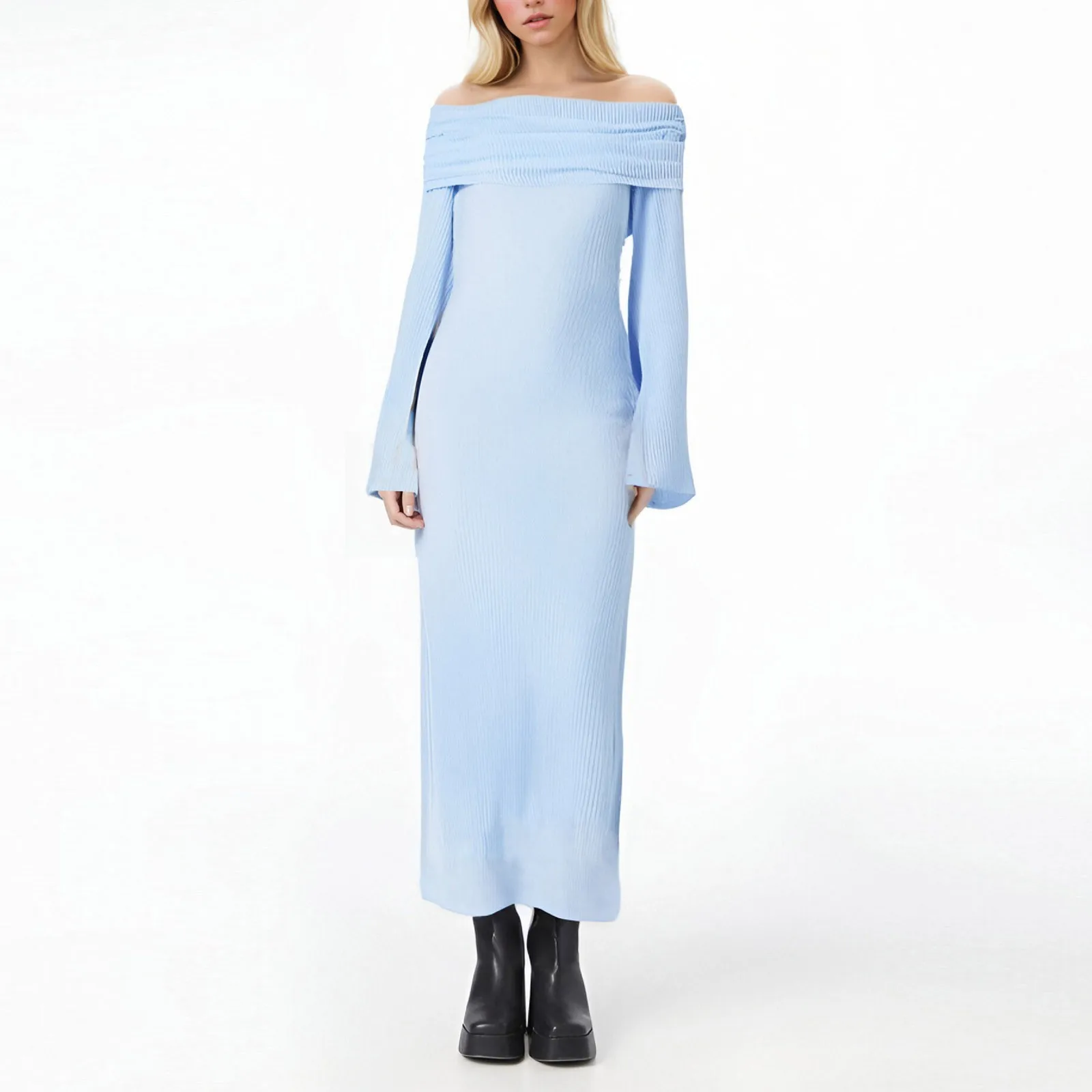 Elegant Off Shoulder Maxi Dress Bodycon Sweater Dress Solid Color Long Sleeve Knitted Party Dresses