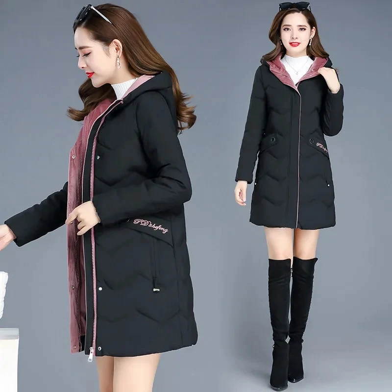 

6XLThick Paker Coat Women's Mid-Long Hooded Down Padded Jacket 2023 Winter New Padded Outwear Women's Jacket Black Cardigan 567