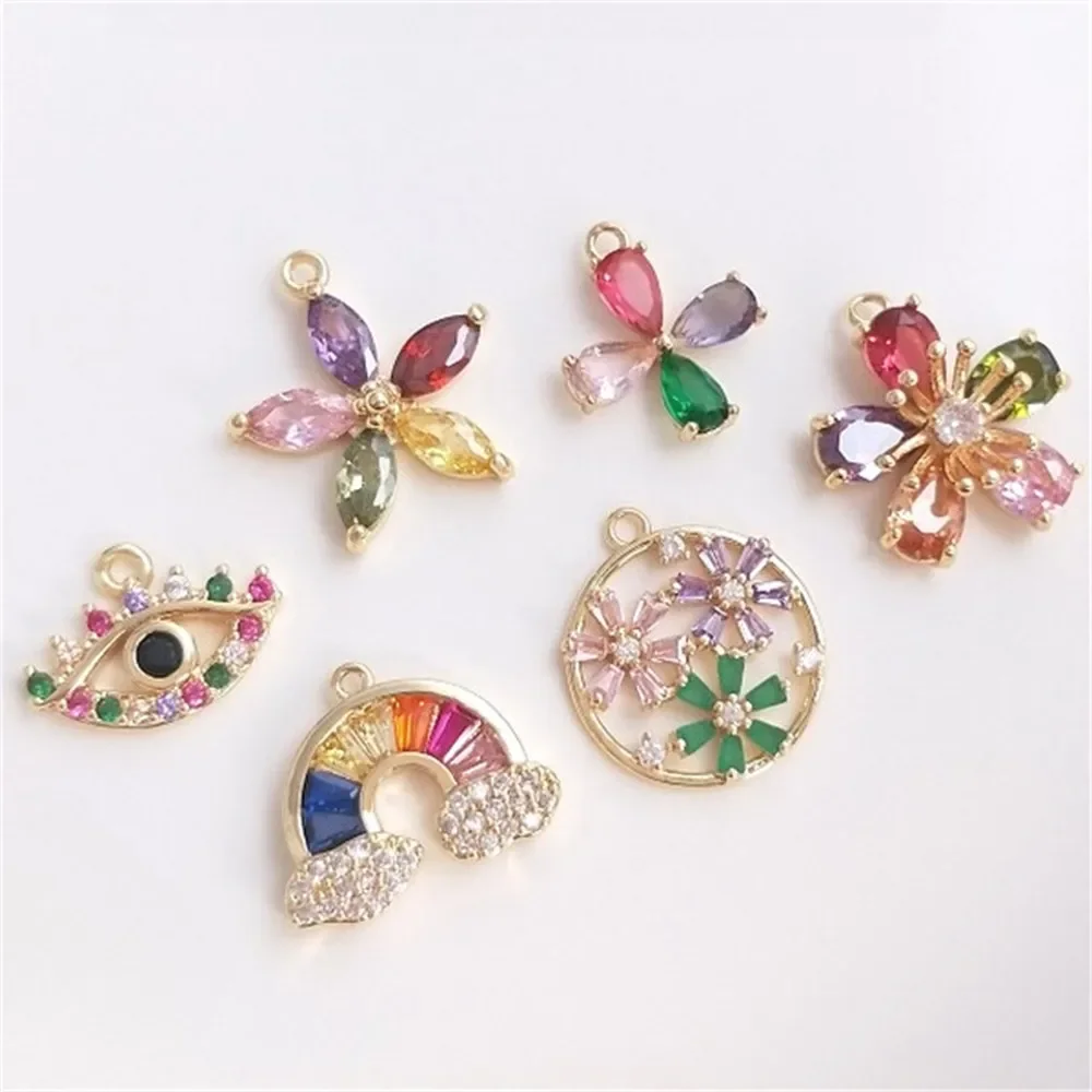 14K Gold Inlaid Colored Zircon Series Flower Rainbow Eye Pendant DIY Earrings Necklace Jewelry Charm Pendant K453