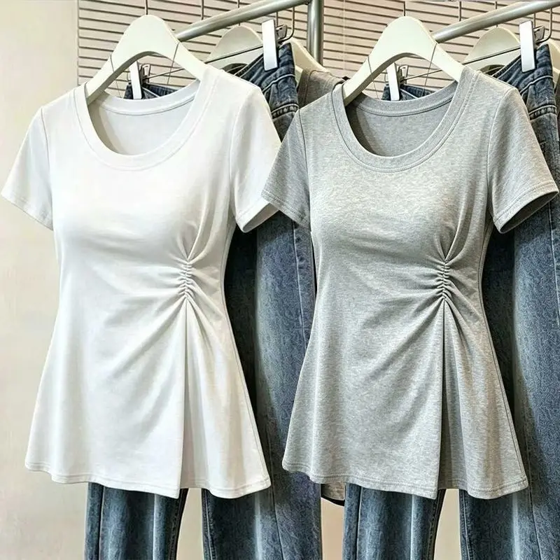 plus Size Women's T-Shirt Short Sleeve Waist-Cinched Beautiful Belly Covering Summer Fashion Unique Stylish Top Shoulder Width