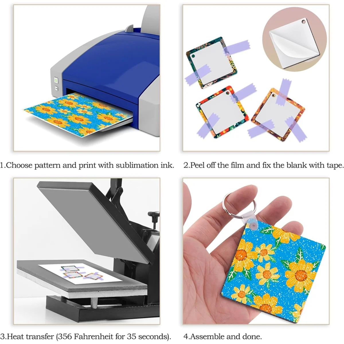 B59A 120 Pcs Square Sublimation Keyring Blanks Set with Double Side Heat Transfer Keychain for DIY Keychain and Craft