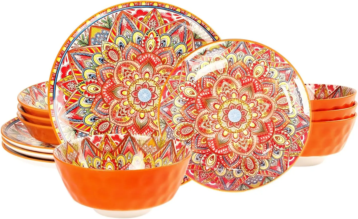 Dinnerware Sets (12 pcs) Serves for 4, Buffet Dinnerware, Boho Plates and Bowls Set with 8.3