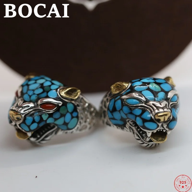 

BOCAI S925 Sterling Silver Ring for Men New Fahsion Thai Silver Leopard Turquoise Rutile Pure Argentum Punk Jewelry