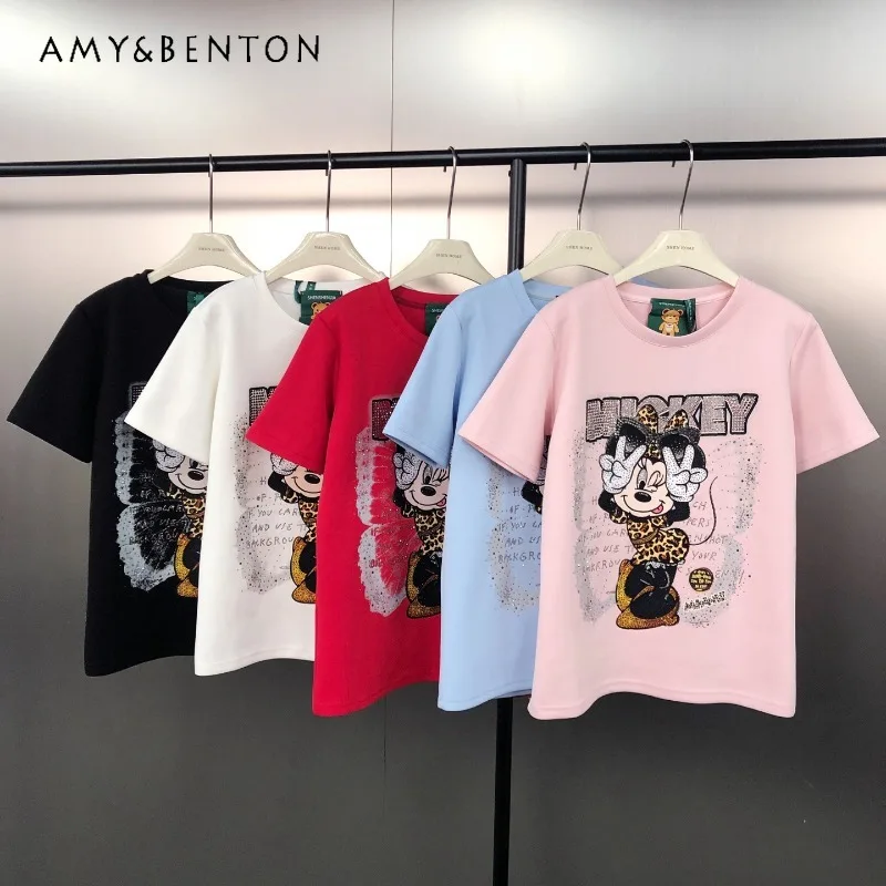 

Korean Style Fashionable Cartoon Print T-shirt Heavy Industry Rhinestone Round Neck Casual Short Sleeved Tshirt Top For Women