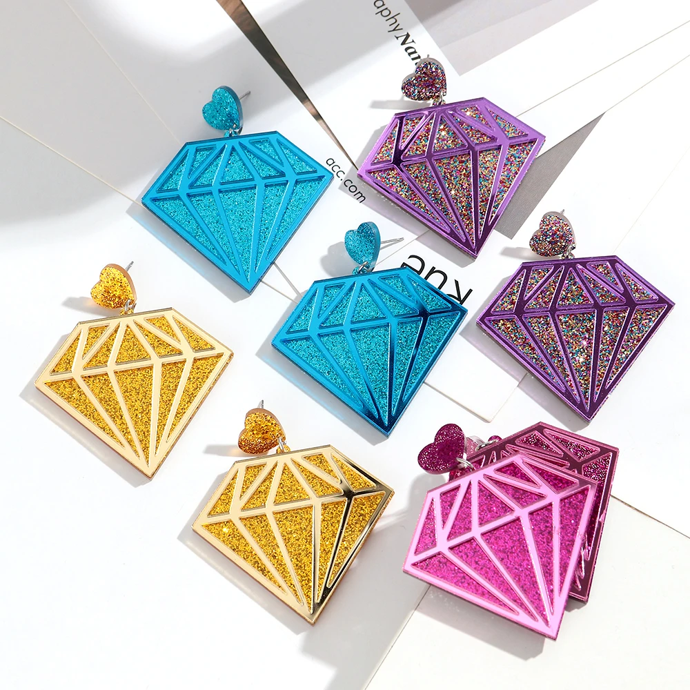 Fashion Glitter Acrylic Big Diamond Shape Pendant Earrings Exaggerated Geometric Dangle Earrings for Women Party Jewelry Gifts