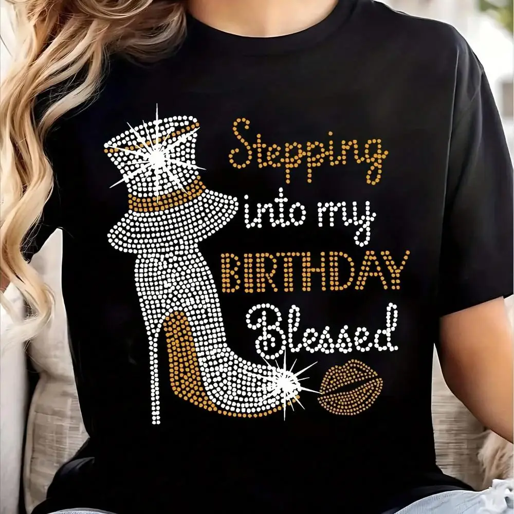 Women s T-Shirt Birthday Celebration Rhinestone Stepping Into My Birthday Graphic Print Casual Party Top