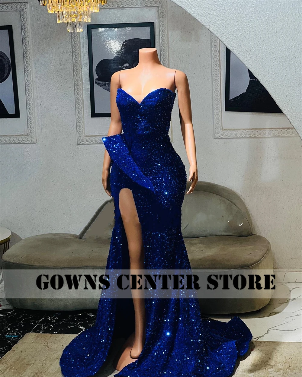 Fancy Royal Blue Sequin Mermaid Evening Dress High Split With Gloves Women Formal Party Dress robe de gala Sweetheart Customized